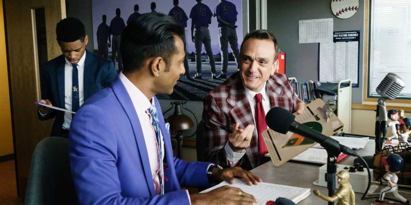 Raj and Brockmire at their microphones in Brockmire