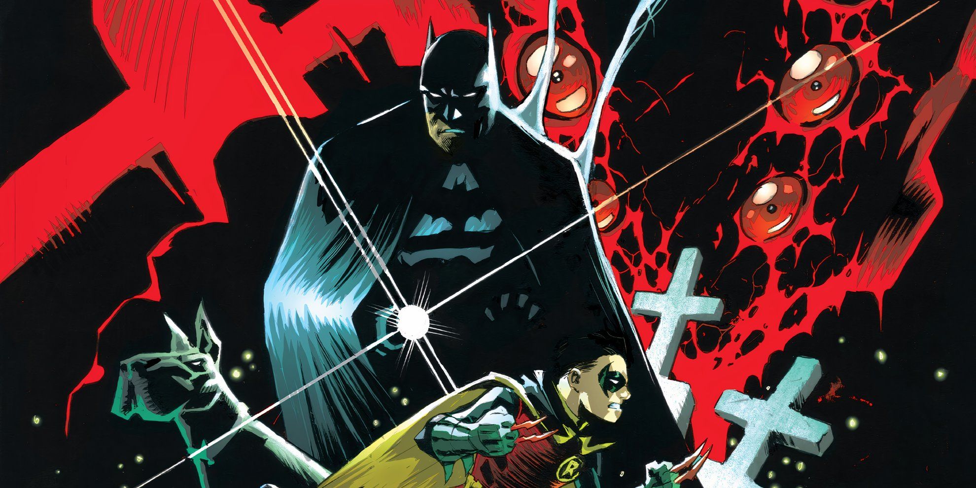 Batman and Robin standing alongside one another, with a bloody NoBody (Morgan Ducard) in the background