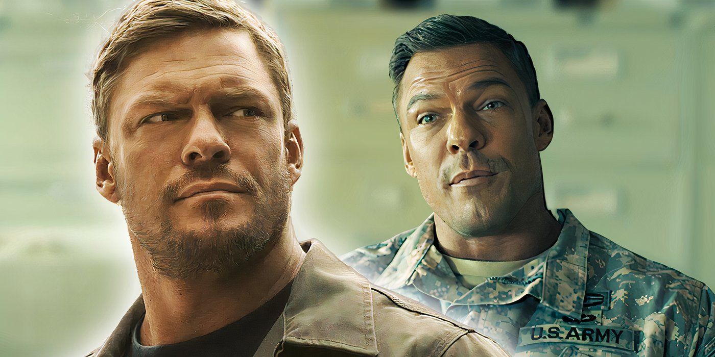 An edited image featuring two images of Alan Ritchson as Jack Reacher in Reacher.