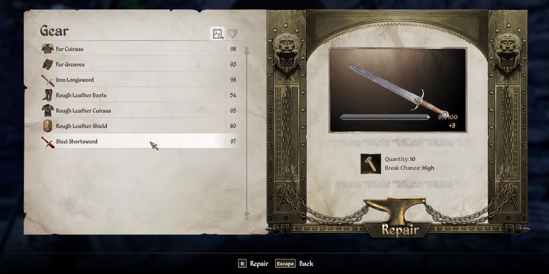 Repair screen for equipment in Oblivion Remastered