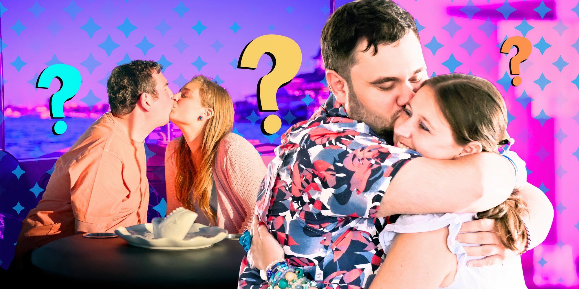 Love On The Spectrum couples montage of Abbey &amp; David and Tyler &amp; Madison hugging with question marks in the background