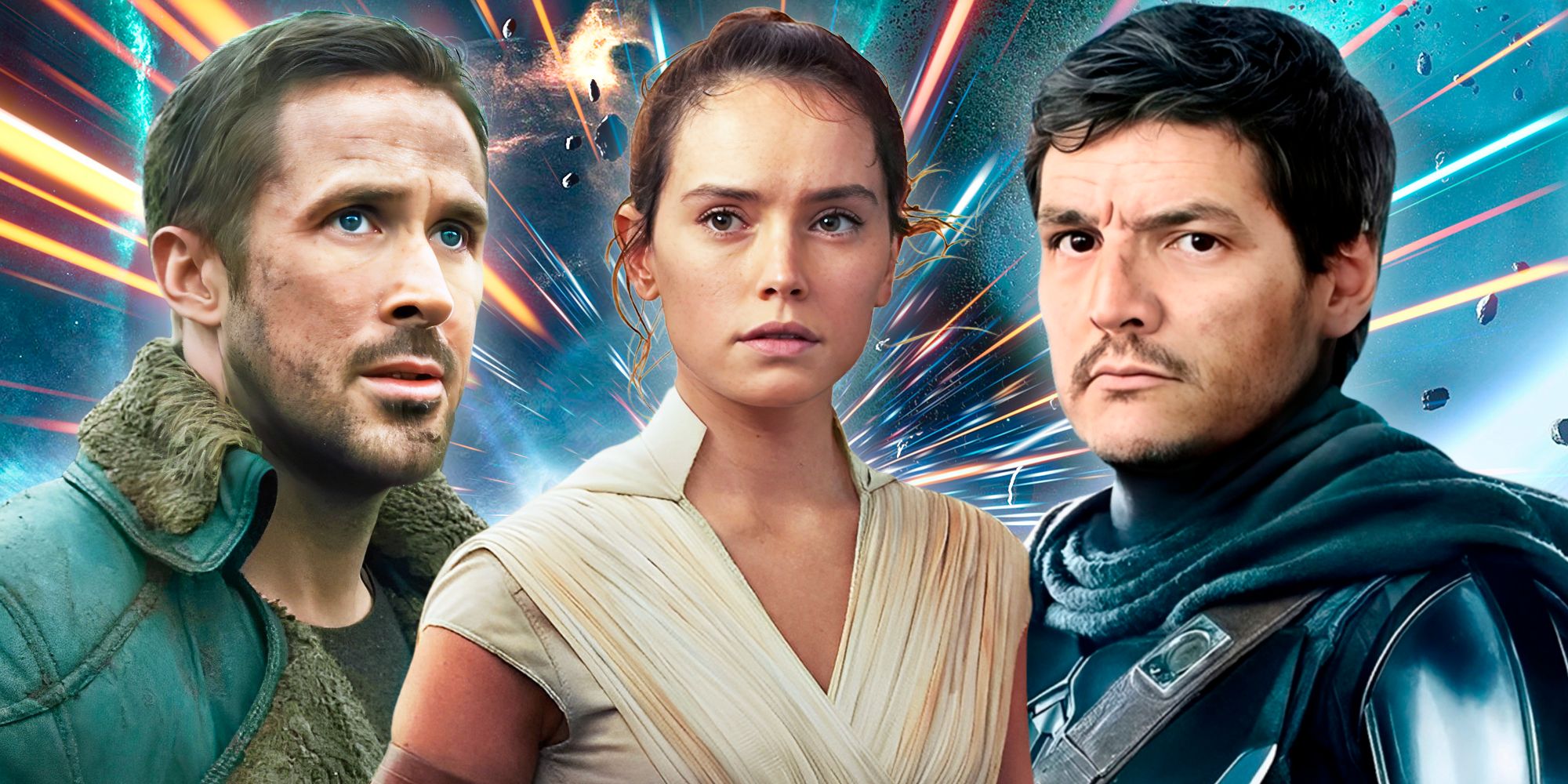Ryan Gosling to the left, Daisy Ridley as Rey Skywalker in the middle, and Pedro Pascal as Din Djarin in The Mandalorian without his helmet on to the right