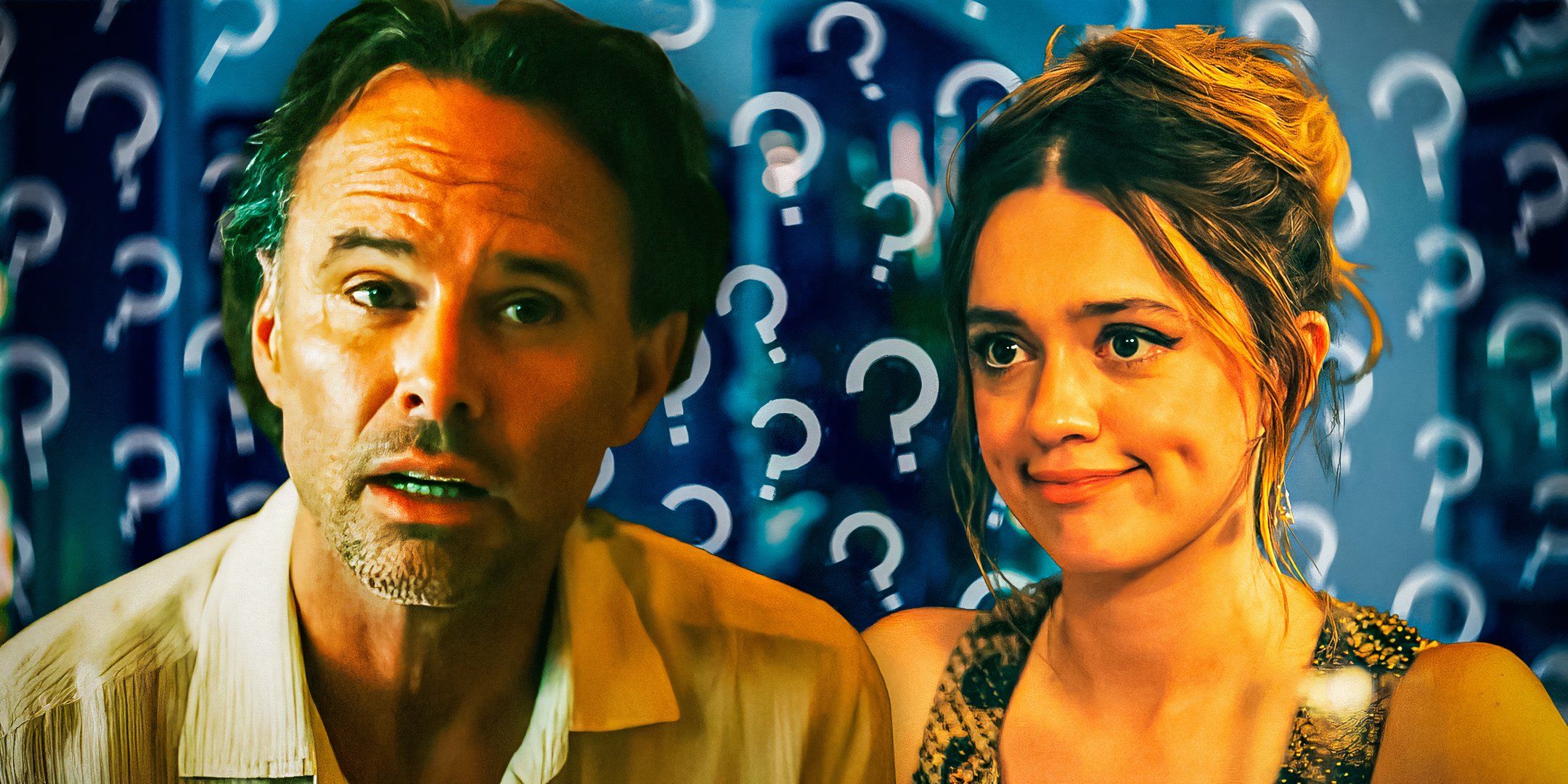 Rick and Chelsea from The White Lotus season 3 (2025) surrounded by question marks