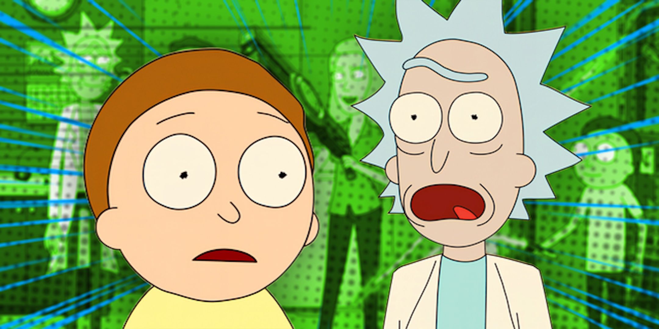 Rick and Morty looking confused in front of a green background