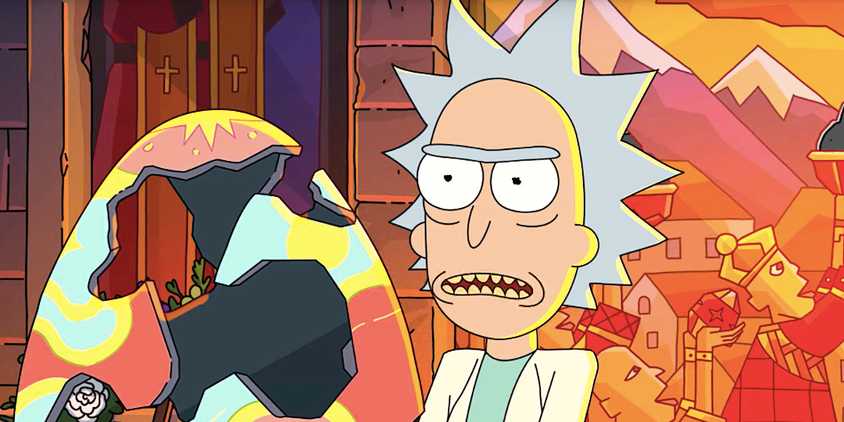 Rick looks angry holding up a giant stone egg in Rick and Morty season 8 trailer