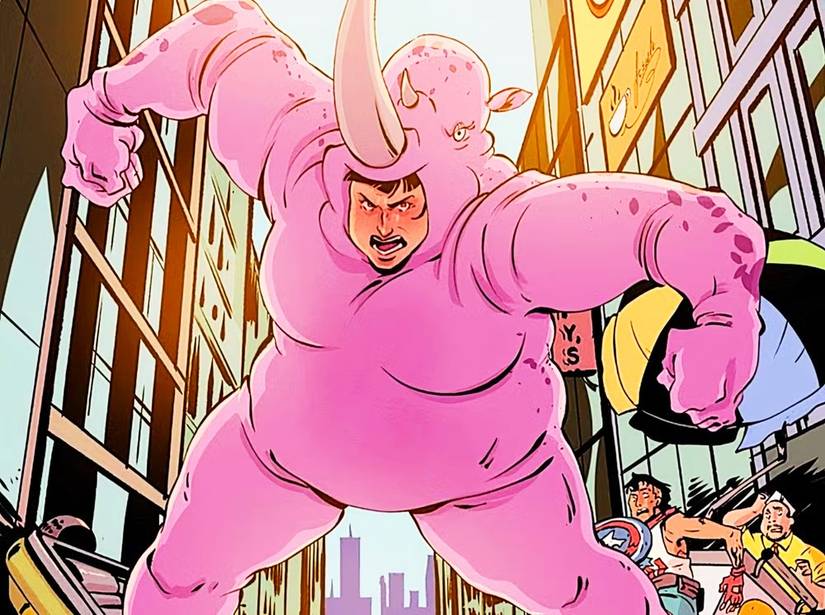 Ridiculous Marvel villain in a pink rhino costume storms through a city street
