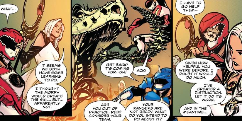 Rita Repulsa and Lauren Shiba the Red Prime Ranger talk while the Rangers are fighting the VR Troopers in Power Rangers Prime #5