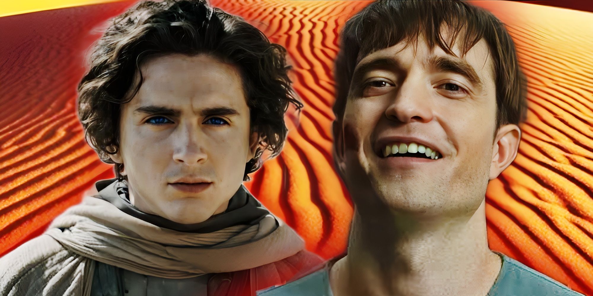 Timothée Chalamet as Paul in Dune and Robert Pattinson as Mickey in Mickey 17