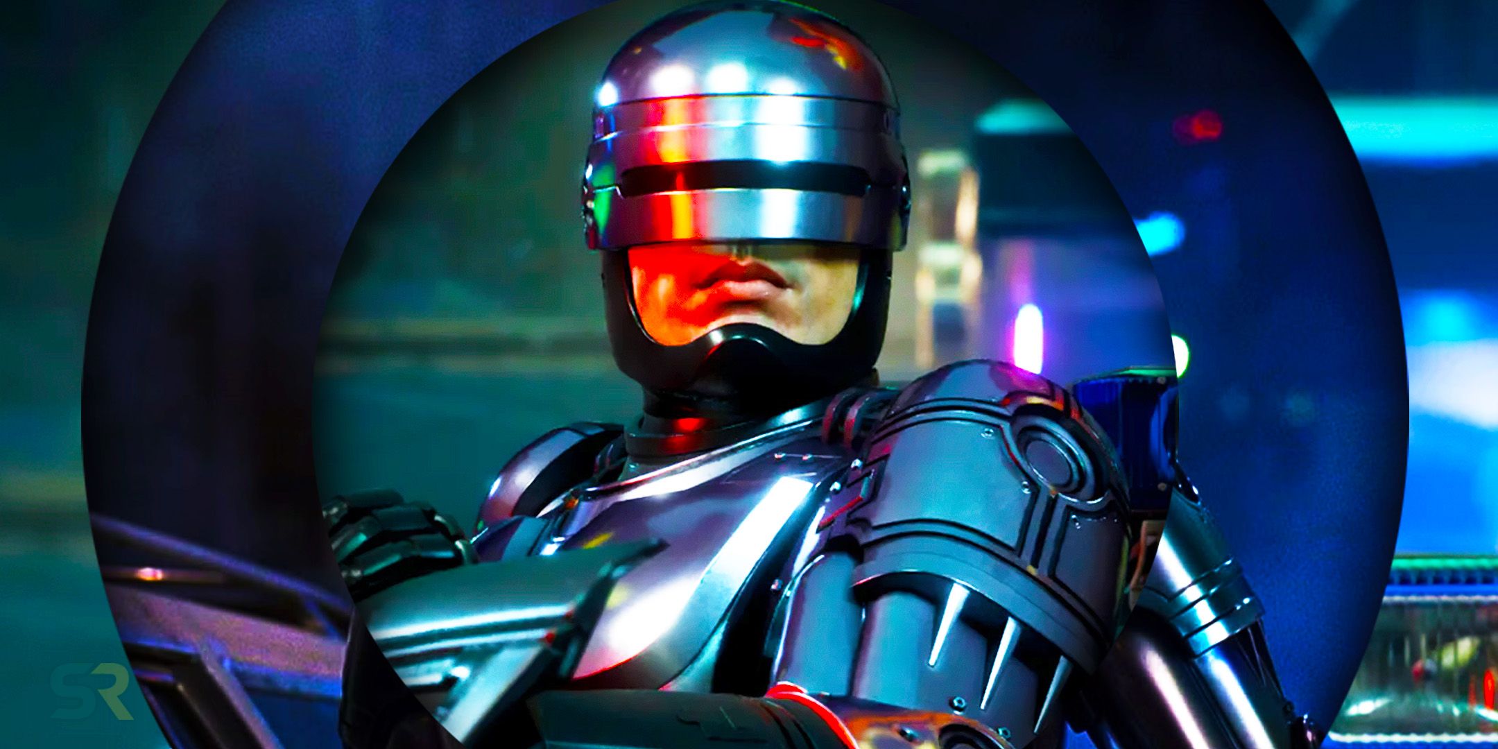RoboCop (Peter Weller) in front of a cityscape background cut into circles