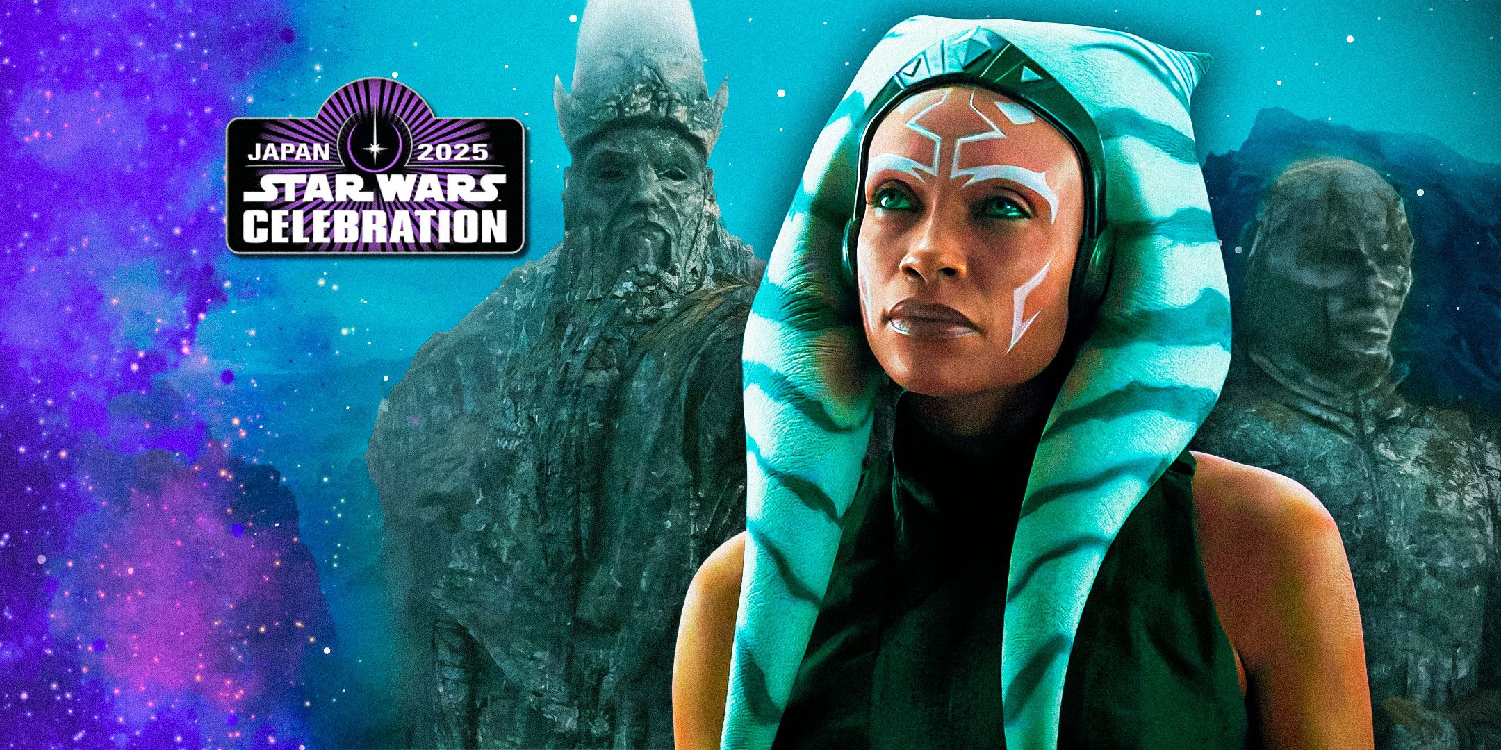 Rosario Dawson as Ahsoka Tano in the foreground and the Mortis Gods statues in the Ahsoka show in the background with the Star Wars Celebration Japan banner
