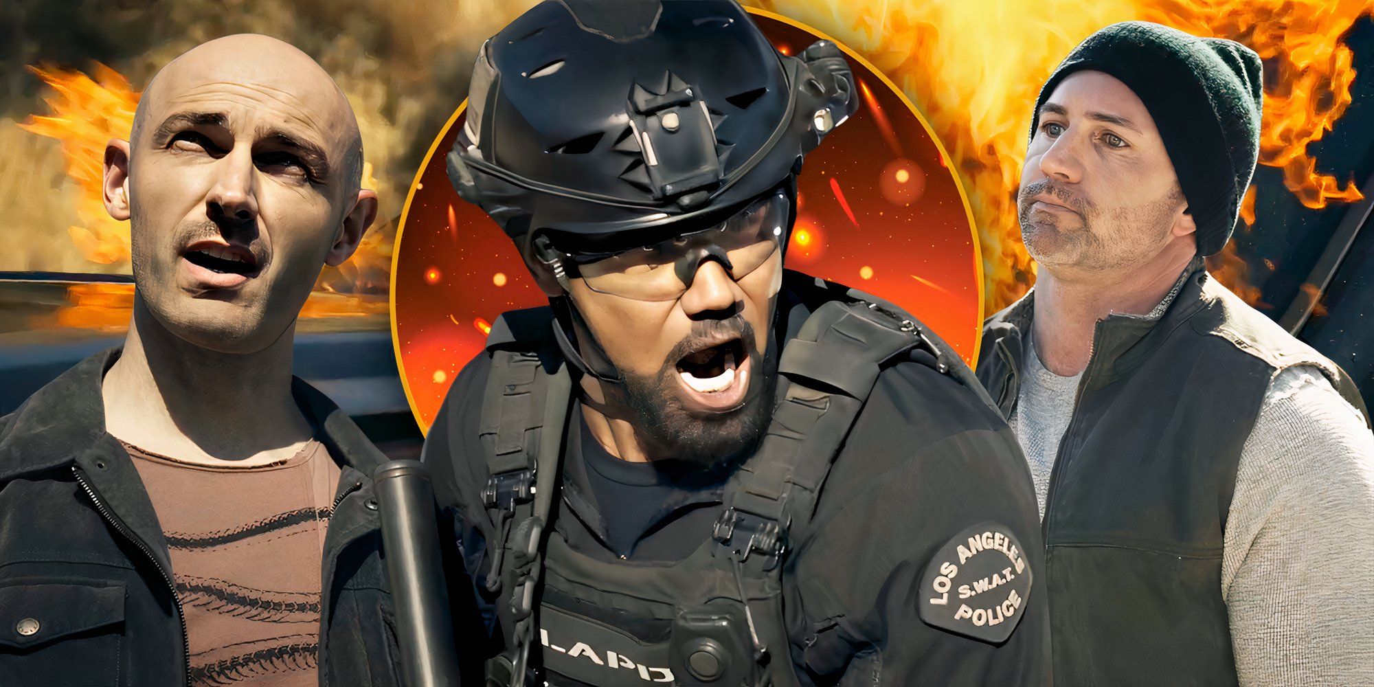 Shemar Moore as Hondo yelling next to two other characters in front of fire in S.W.A.T.