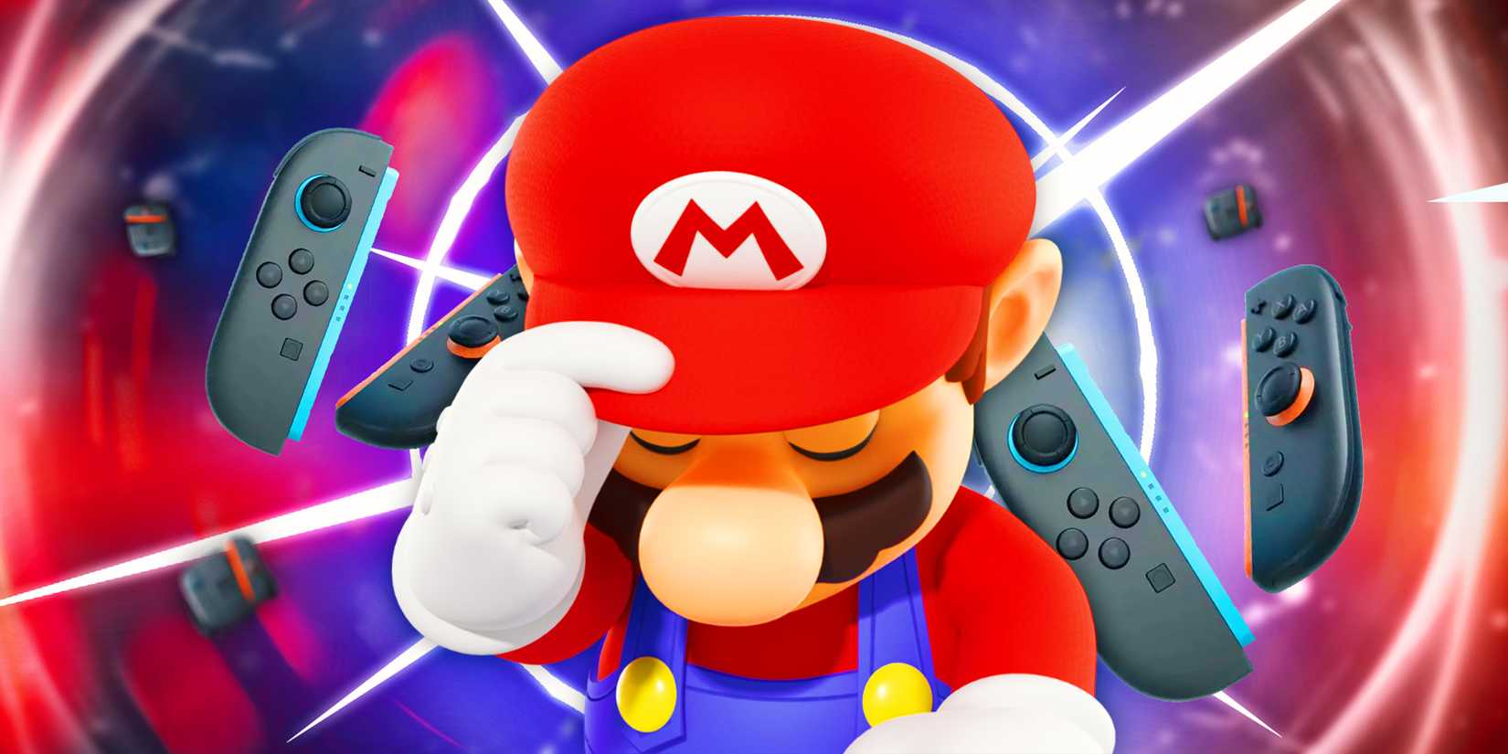 Sad Mario with the Nintendo Switch 2 flying around.