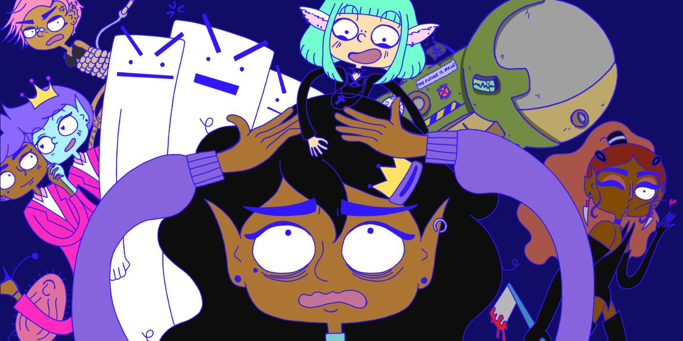 Saira lookng anxious with character hovering above her head in Lesbina Space Princess.