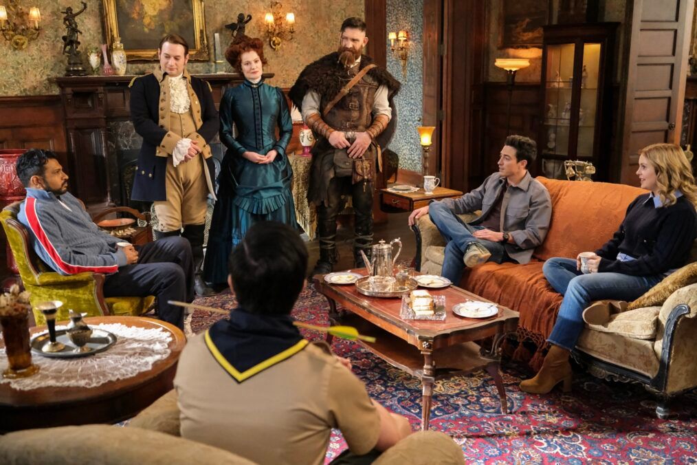 Sam Jay Pete Kyle Hetty Thorfinn and Isaac in the parlor in Ghosts season 4 episode 21
