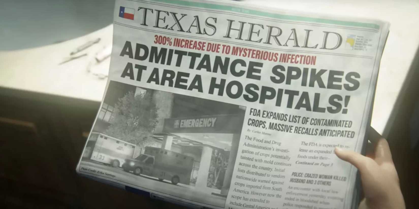 Sarah holds a newspaper with a headline about contaminated food in The Last of Us video game