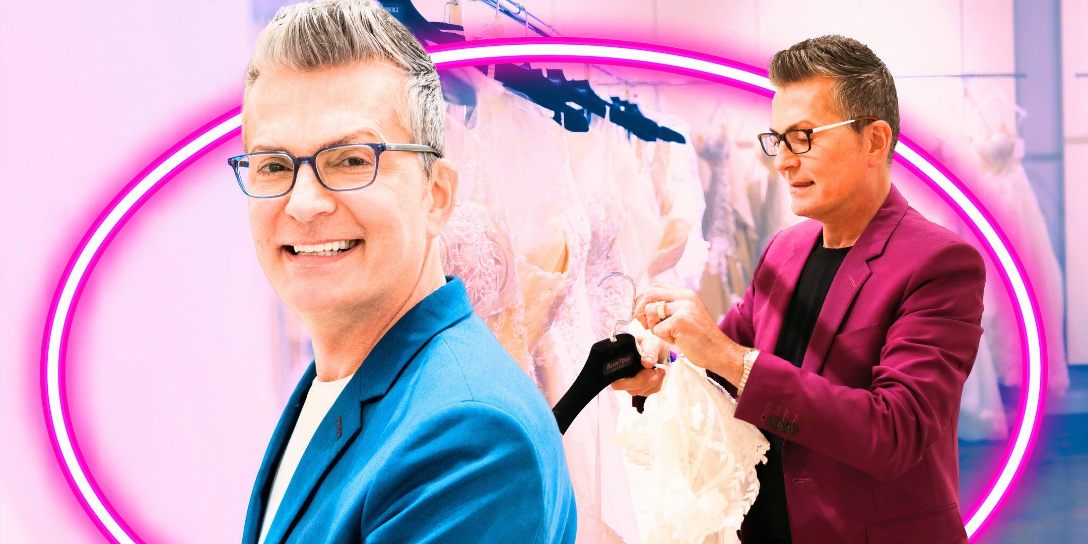 say yes to the dress host randy fenoli smiling in two poses in montage with pink neon circle background
