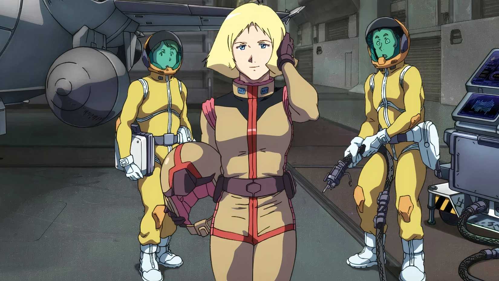 Sayla Mass from Gundam smiling and holding helmet