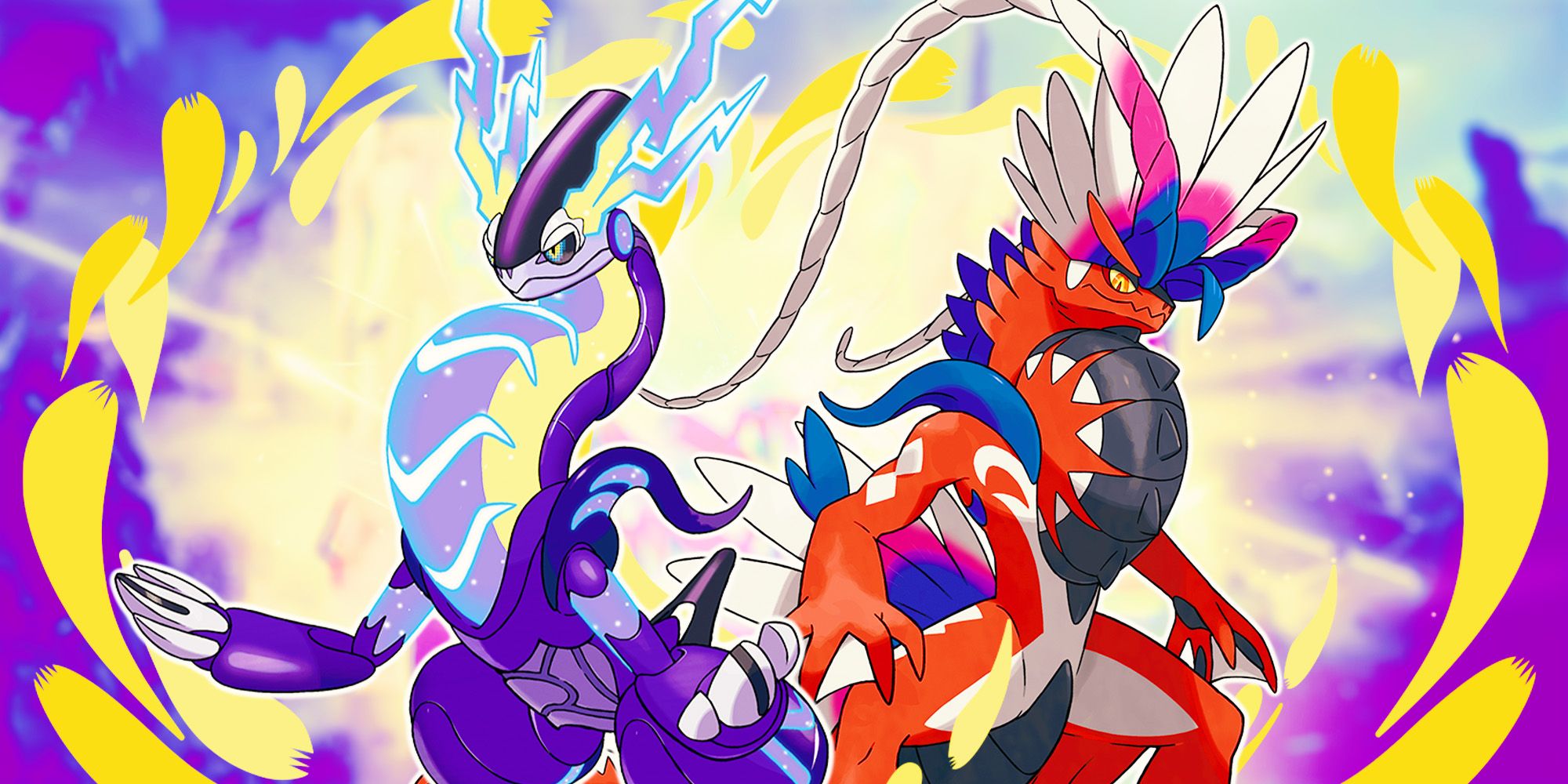 Koraidon and Miraidon from Pokemon Scarlet and Violet back to back.
