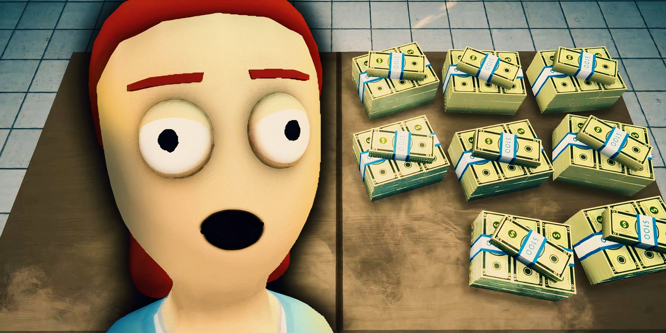 A character from Schedule 1 staring open-mouthed at piles of money.