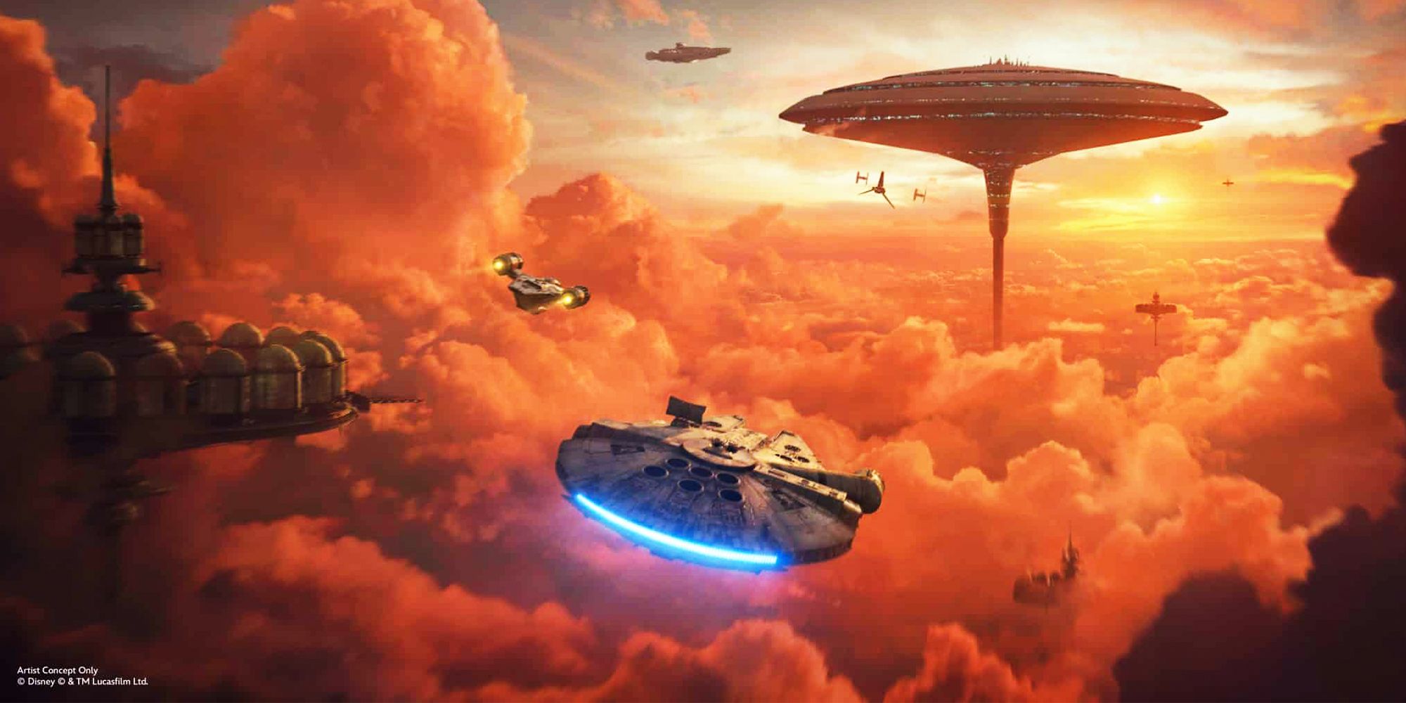 The Razor Crest flies alongside the Millennium Falcon towards Cloud City on Bespin in concept art for The Mandalorian and Grogu's storyline on Millennium Falcon: Smugglers Run.