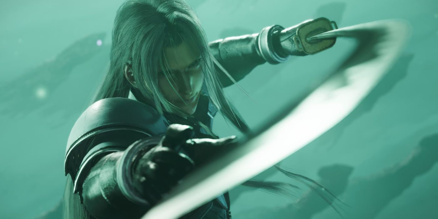Sephiroth pointing his sword at someone off screen in Final Fantasy 7 Rebirth.