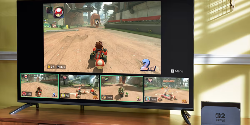 Nintendo Switch 2 GameChat being shown on a screen with Mario Kart World