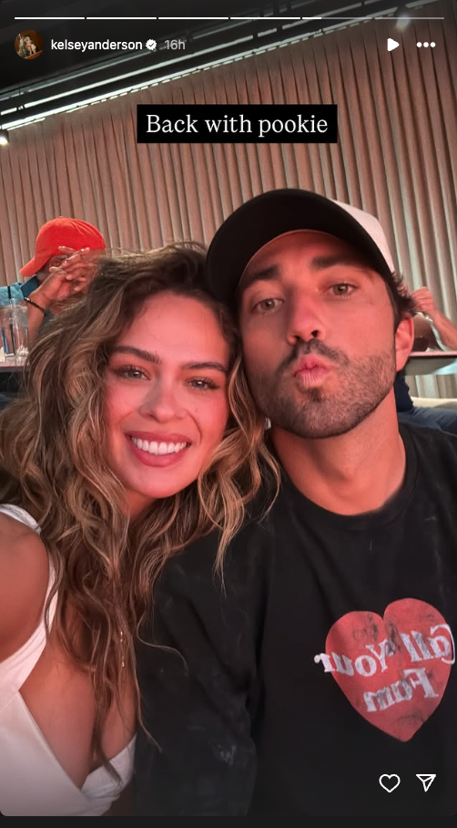 An Instagram story of Joey Graziadei and Kelsey Anderson smiling at the camera with the caption "back with pookie" at the top.