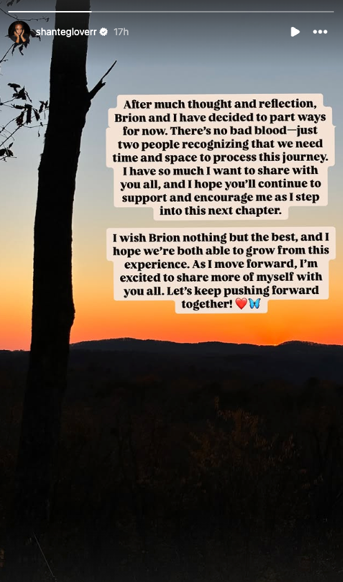 A screenshot of Temptation Island&rsquo;s Shanté Glover&rsquo;s Instagram Story announcing her split from Brion Whitley.