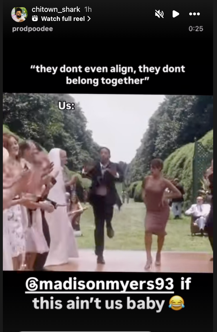 A screenshot of David Trimble's Instagram story, featuring a clip of Will Smith and Eva Mendes from Hitch dancing down the aisle at a wedding.