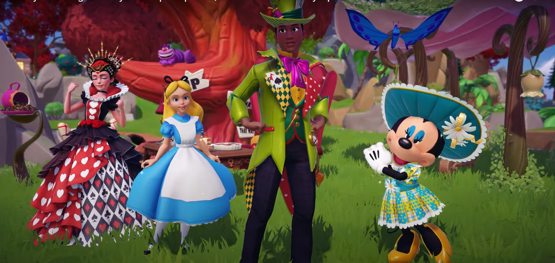 Disney dreamlight valley group shot featuring disney characters dressed in alice in wonderland themed outfits