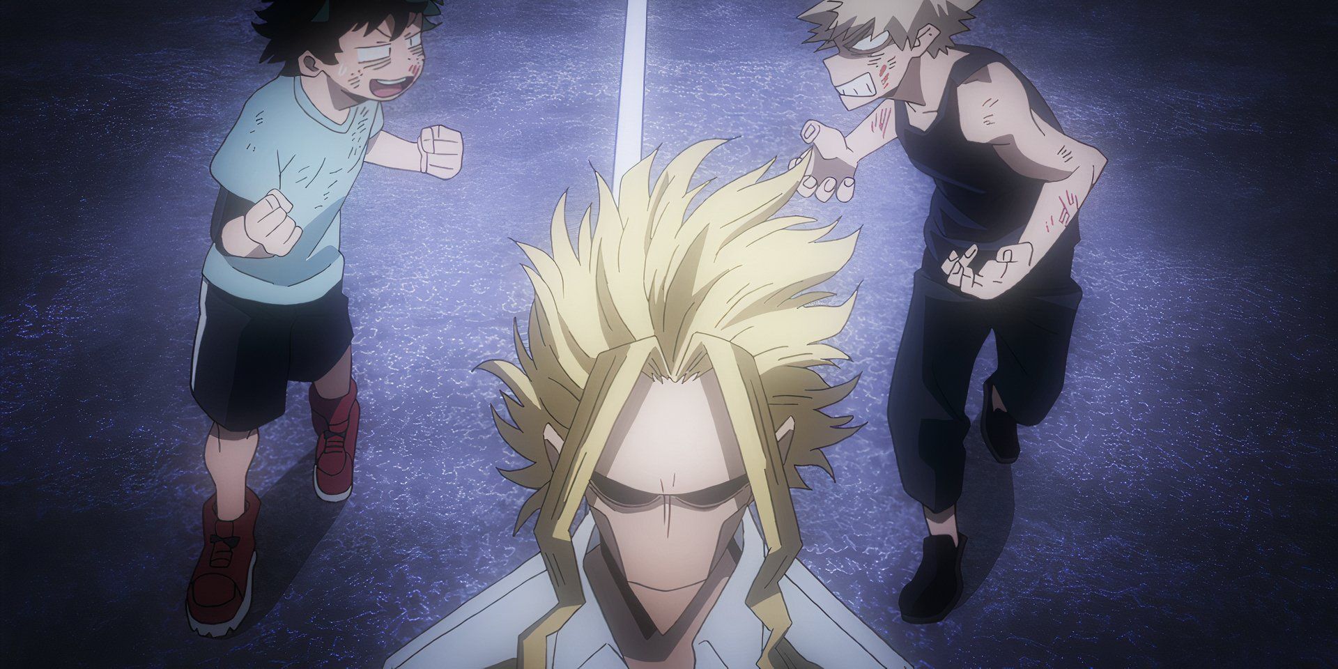 Deku and Bakugo walking behind All Might in My Hero Academia