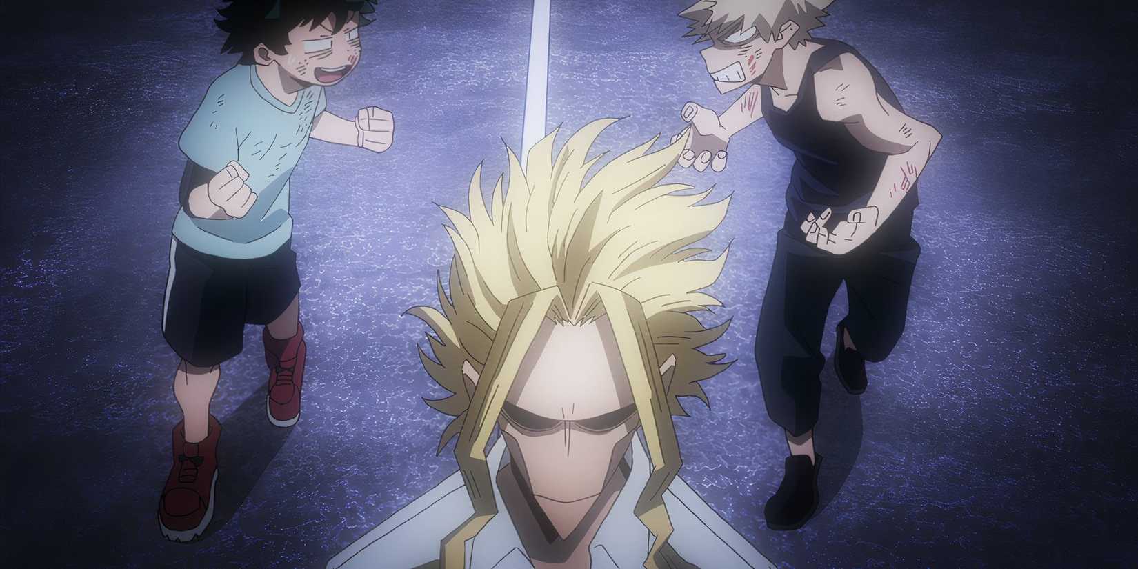 Deku and Bakugo walking behind All Might in My Hero Academia