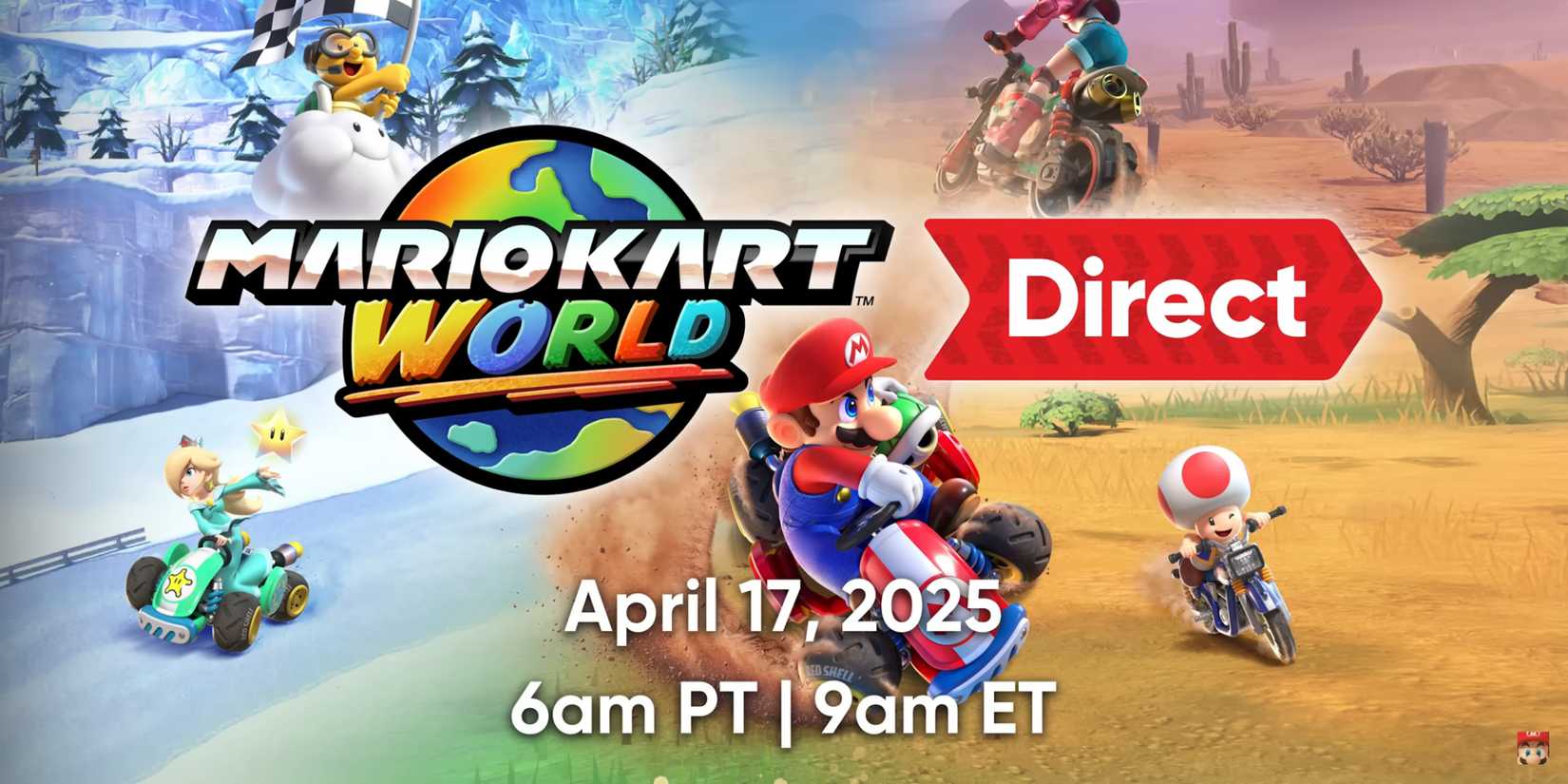Mario Kart World Nintendo Direct annnouncement featuring Mario, Toad, Rosalina, Peach, and Lakitu