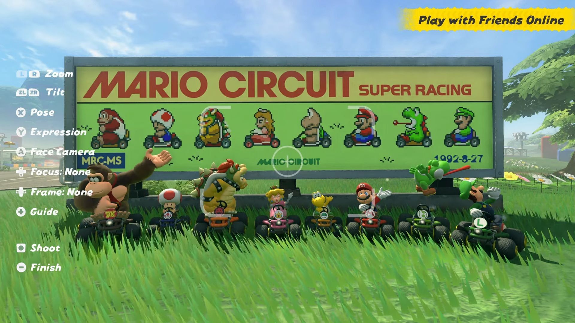 Screenshot from Mario Kart World Direct showing a variety of characters in front of a billboard in-game showing their Super Mario Kart counterparts.