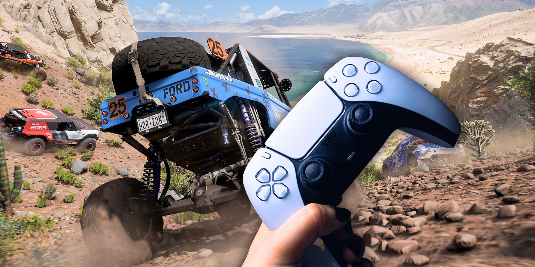 Screenshot of rally cars in Forza Horizon 5 with a hand holding up a PS5 DualSense controller
