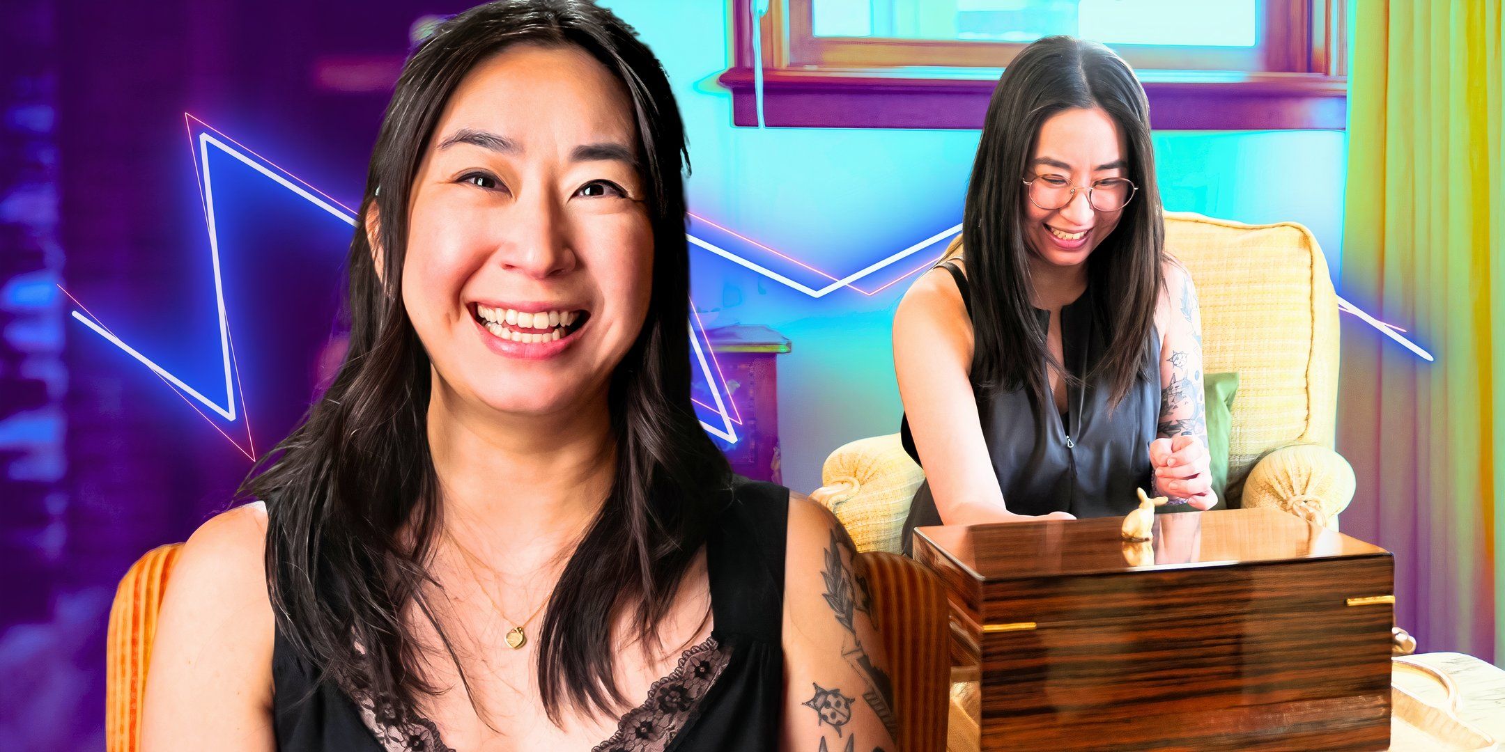 Se Young Metzroth from Million Dollar Secret in two poses smiling and looking at money box with pastel background