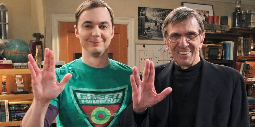 Sheldon Cooper and Leonard Nimoy with Vulcan hand sign
