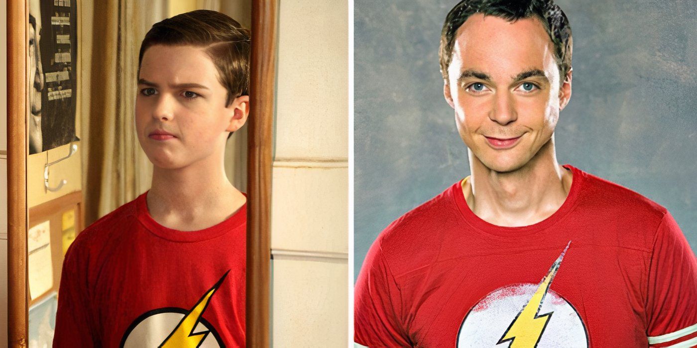 Sheldon Cooper wearing a Flash t-shirt in Young Sheldon and Big Bang Theory