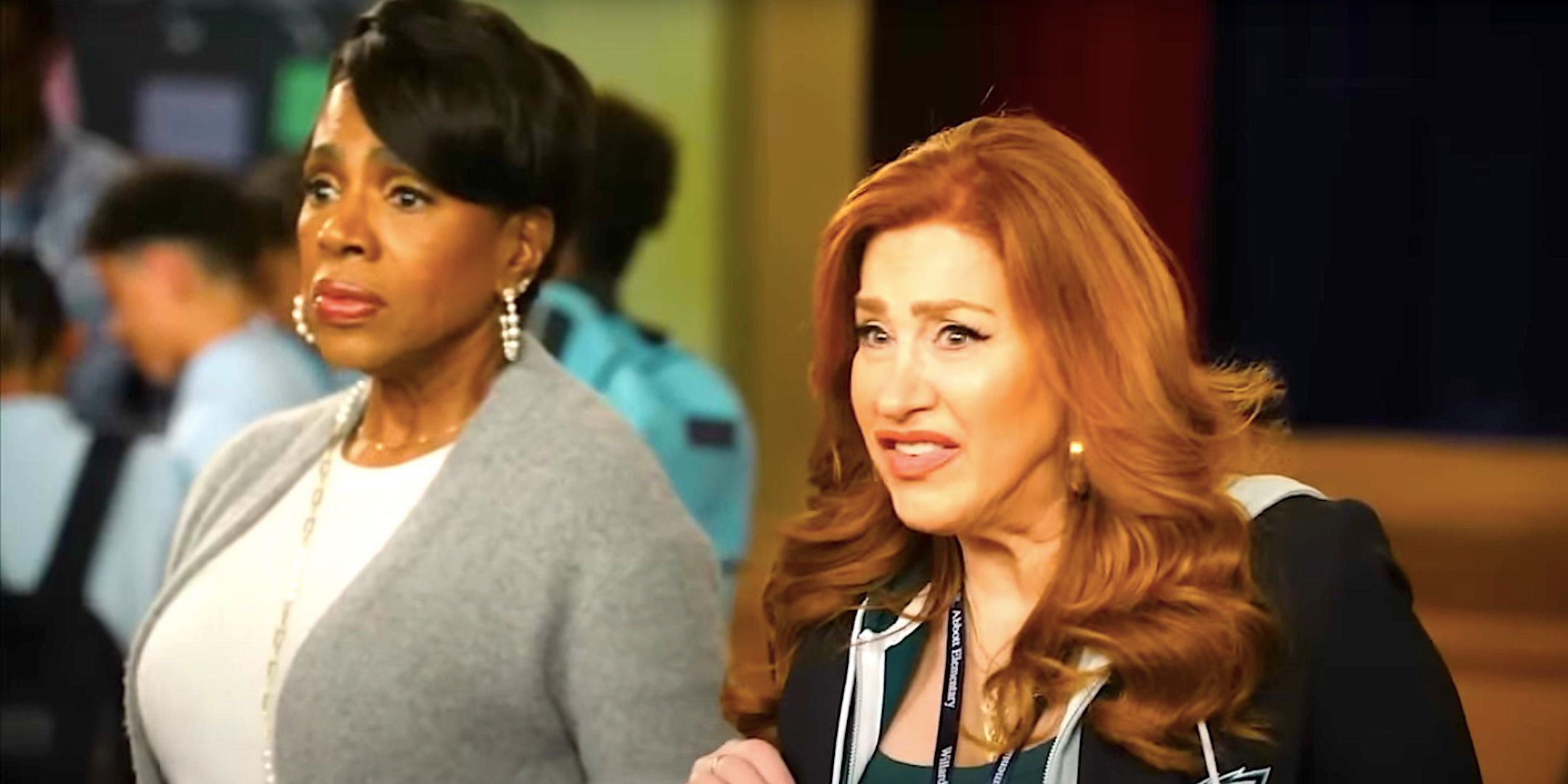 Sheryl Lee Ralph&rsquo;s Barbara and Lisa Ann Walter&rsquo;s Melissa talk in the auditorium from Abbott Elementary season 4 episode 22
