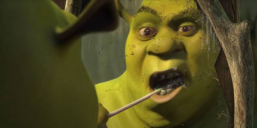 Shrek brushing his teeth in Shrek