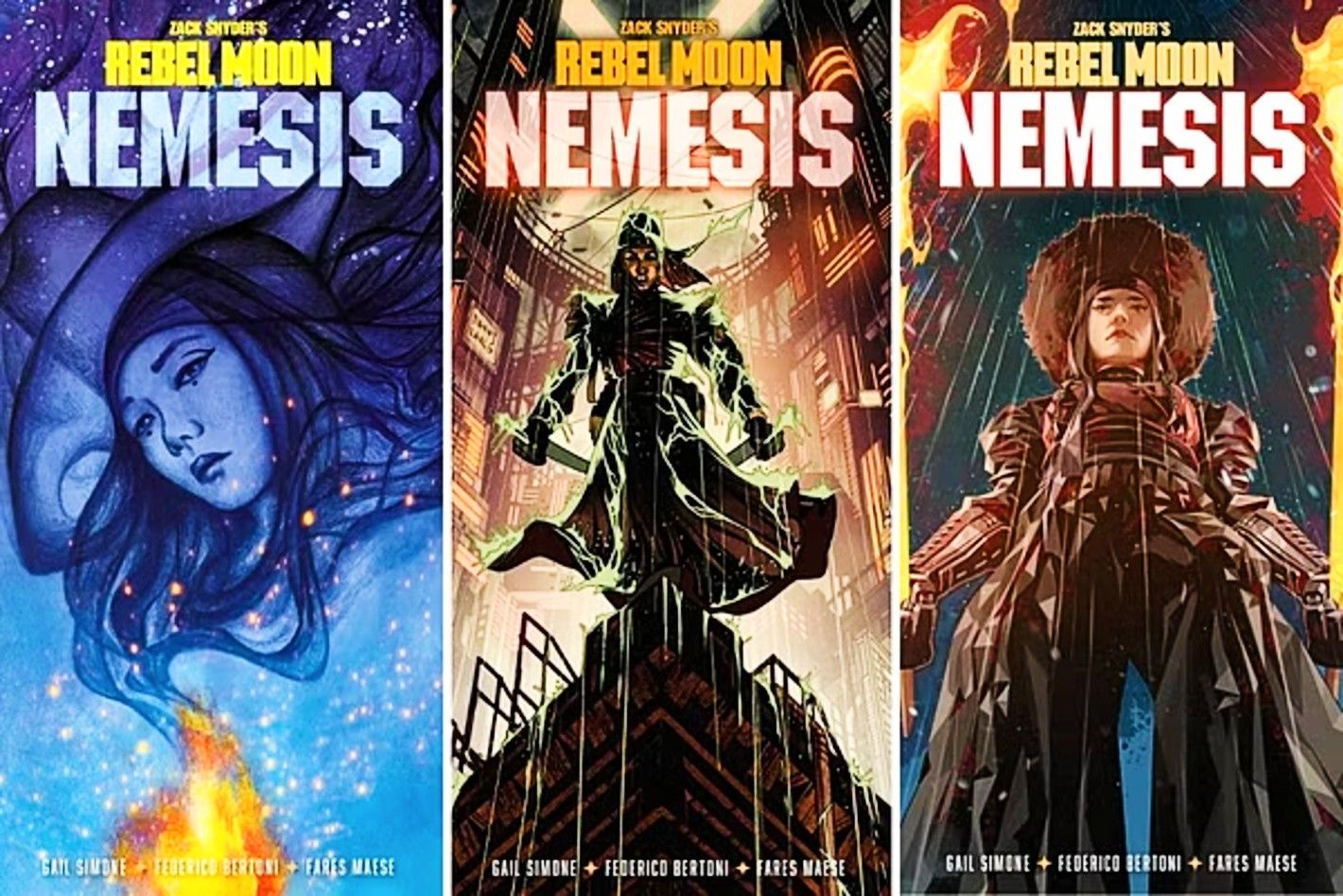 Side-by-side of three covers for Rebel Moon Nemesis, the new prequel series