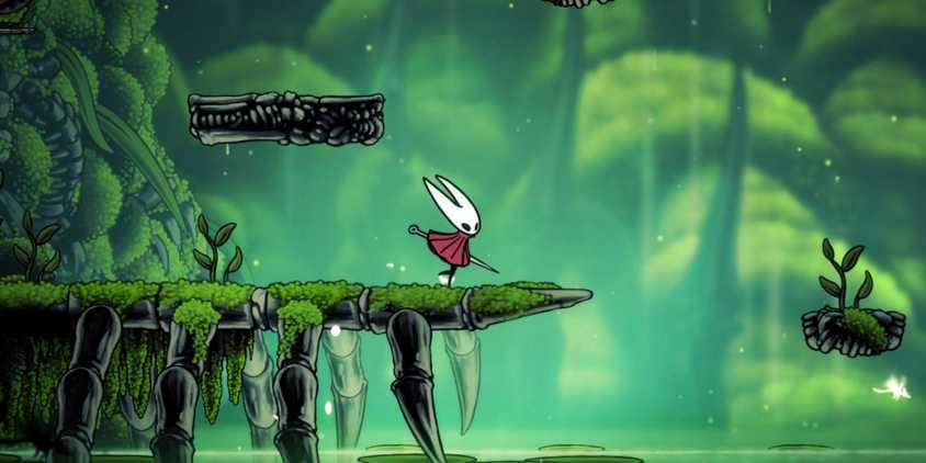 Hollow Knight: Silksong screenshot with hornet standing on a green ledge