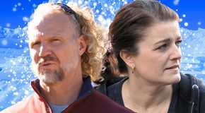 Sister Wives stars Kody and Robyn Brown with him looking thoughtful and her smiling and ice background