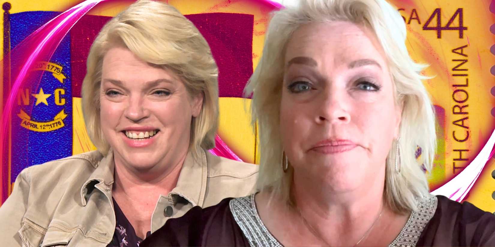 Sister Wives’ Janelle Brown smiles and looks serious in a montage image in front of a North Carolina flag and stamp