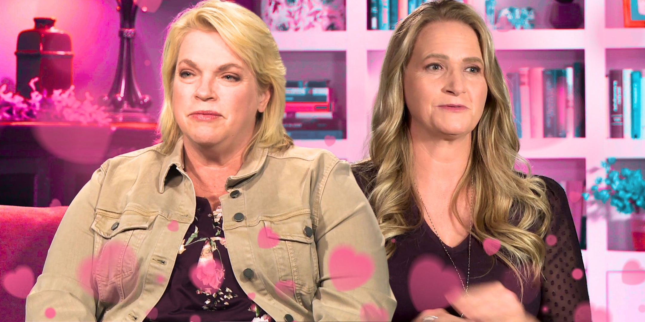 Sister Wives’ Janelle Brown and Christine Brown look serious with bookcases behind them