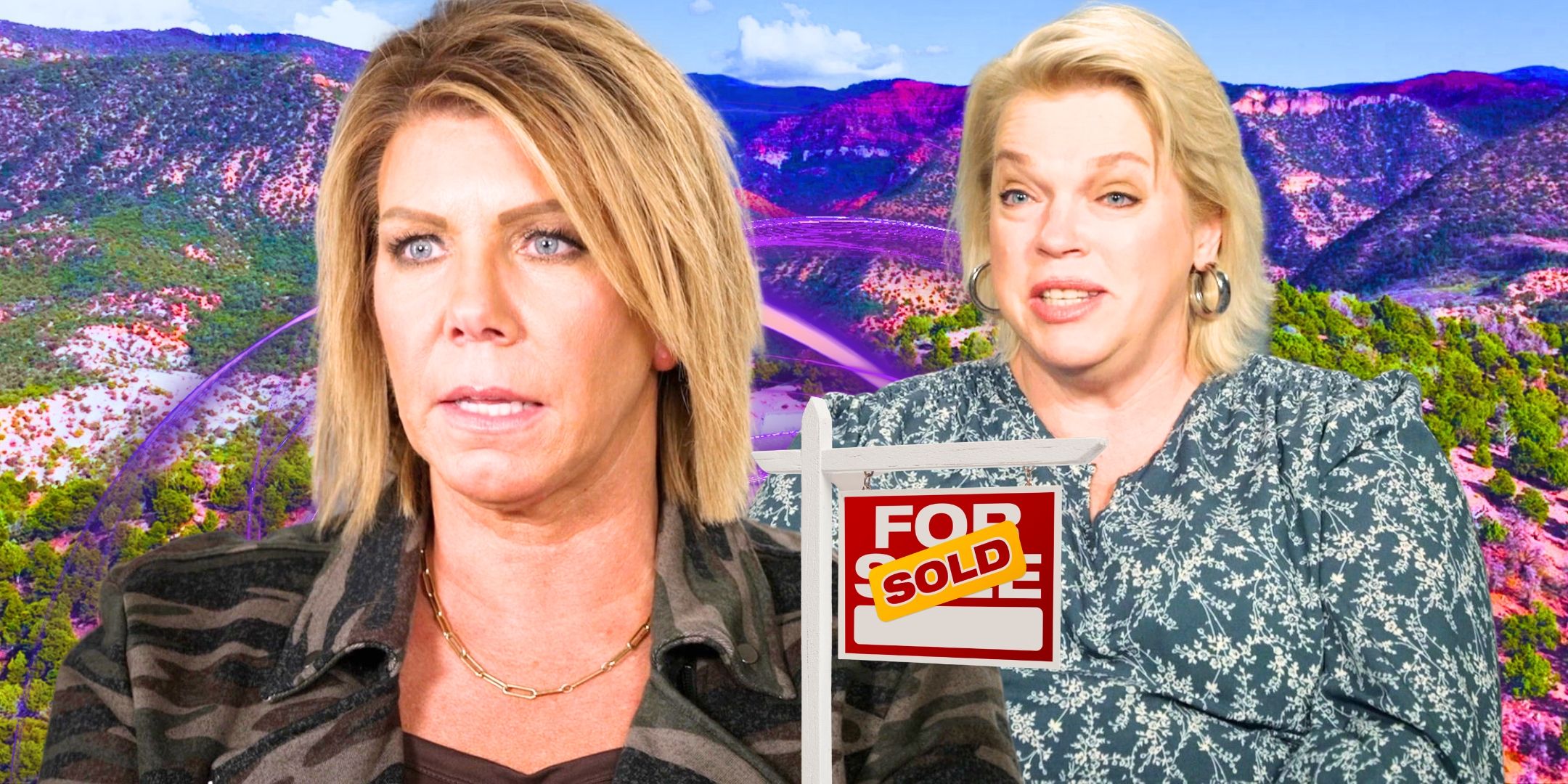 Sister Wives’ Janelle & Meri Brown with Coyote Pass in the background and a For Sale/Sold sign