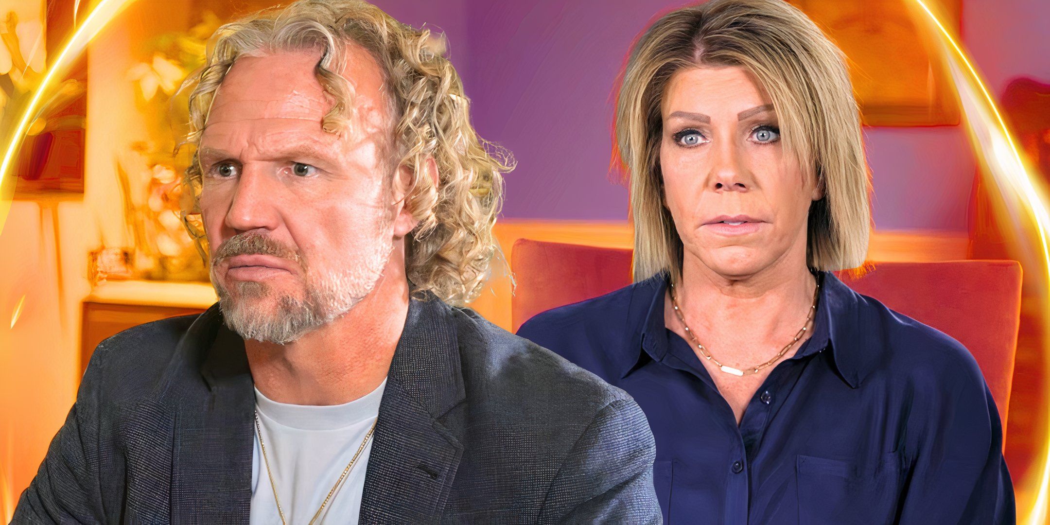 sister wives kody brown and meri brown in upset close ups with orange and purple background