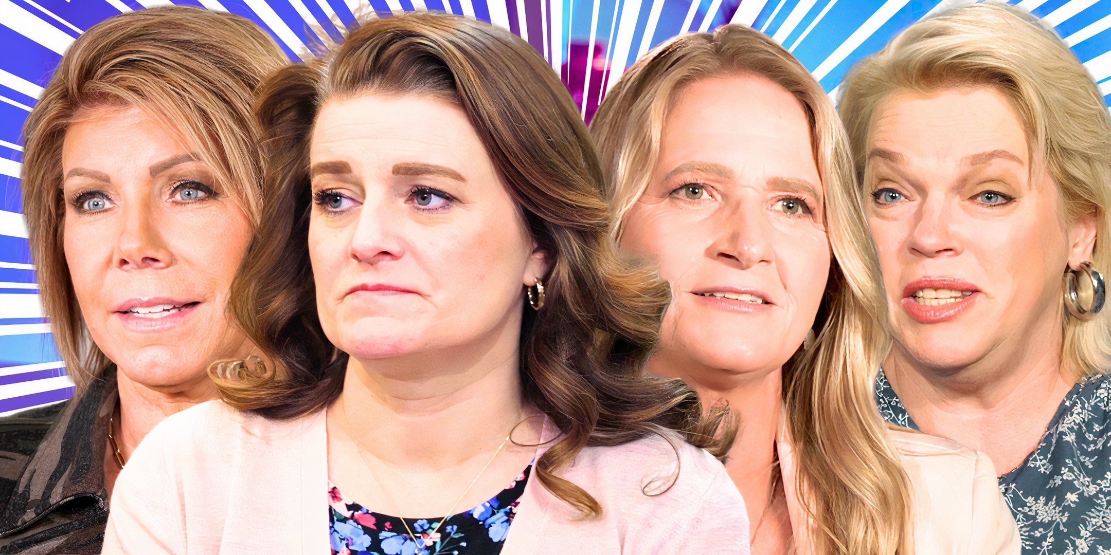 sister wives montage of meri robyn christine and janelle brown in close ups with radiating blue and white line background