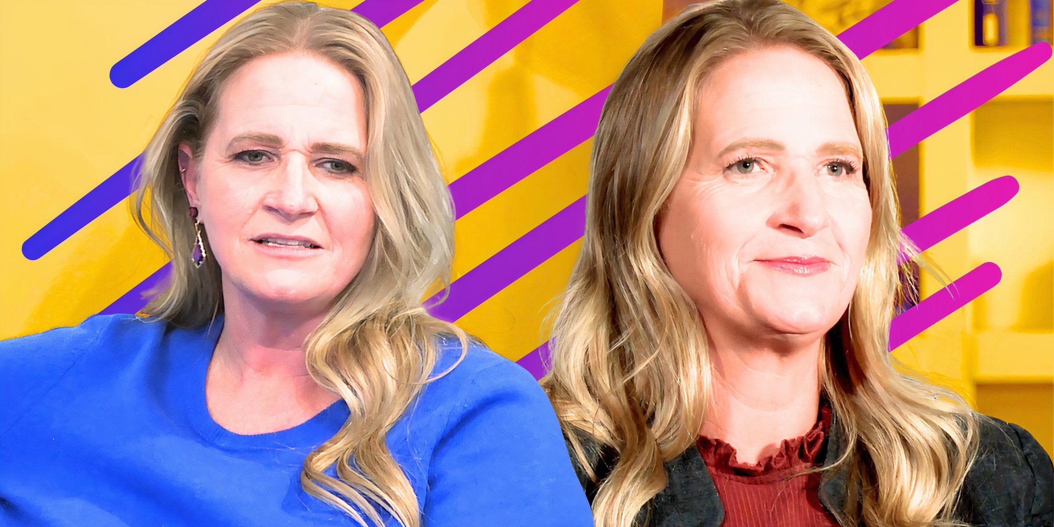 sister wives star christine brown in montage with two serious poses and a yellow and purple striped background