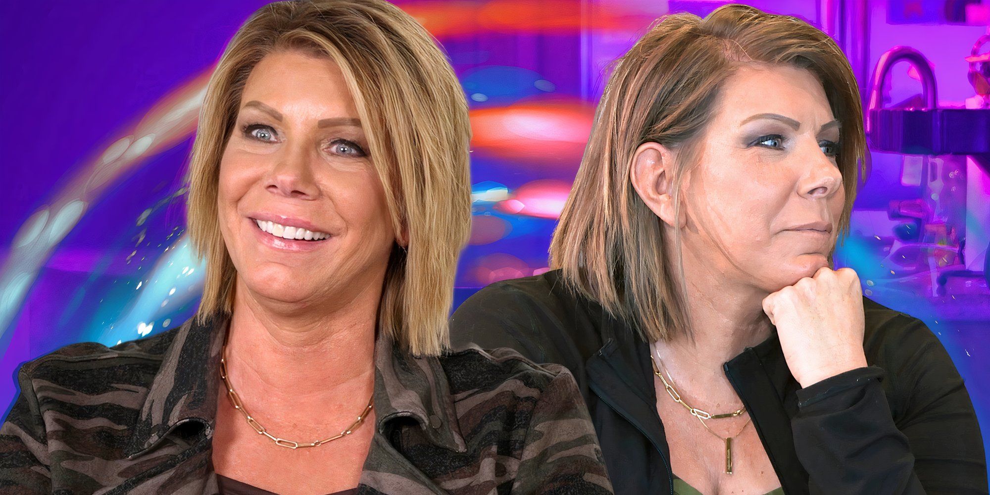 sister wives star meri brown in a montage with two poses looking happy with striped colorful background